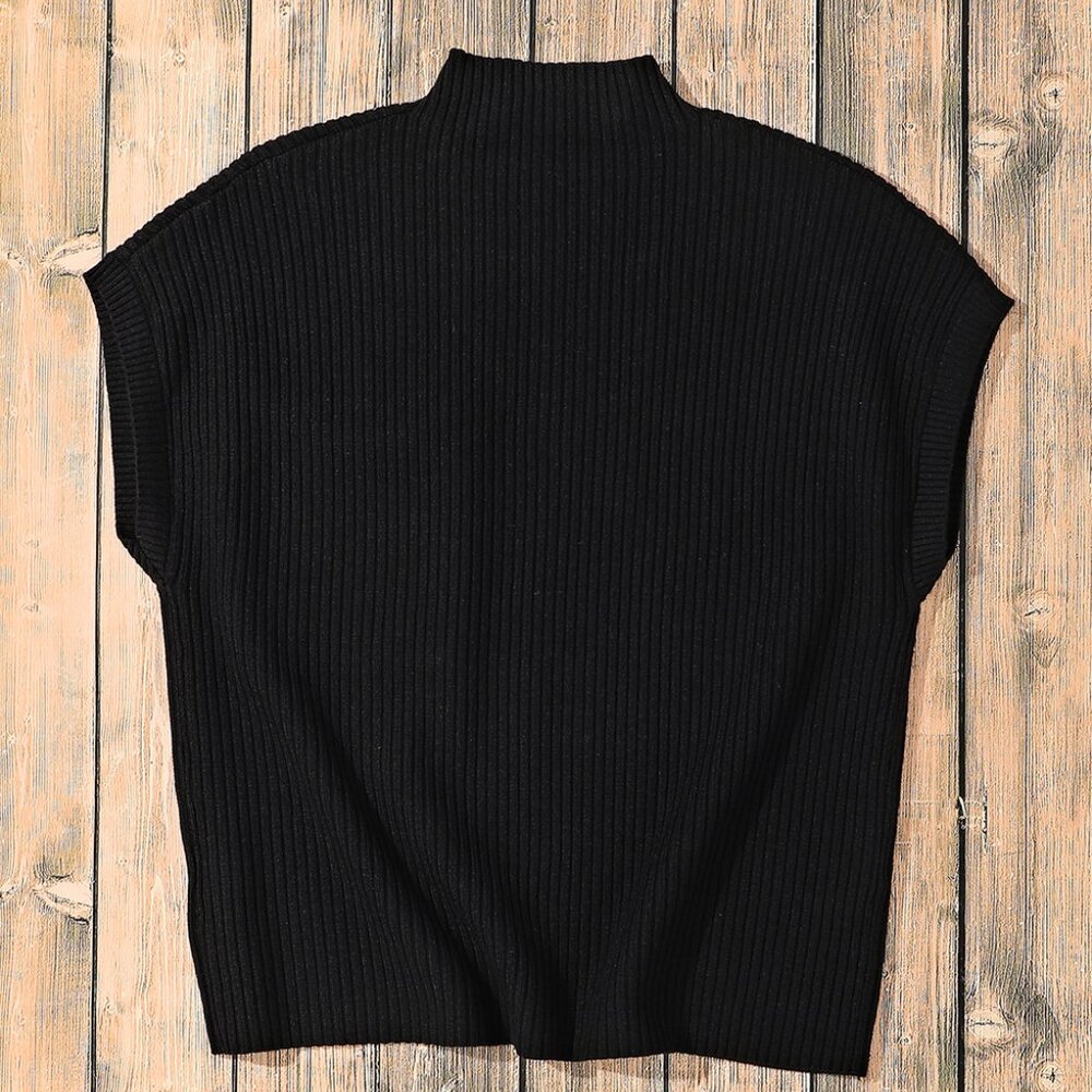 B306 Black Patch Pocket Ribbed Knit Short Sleeve Sweater - Picture 5 of 5